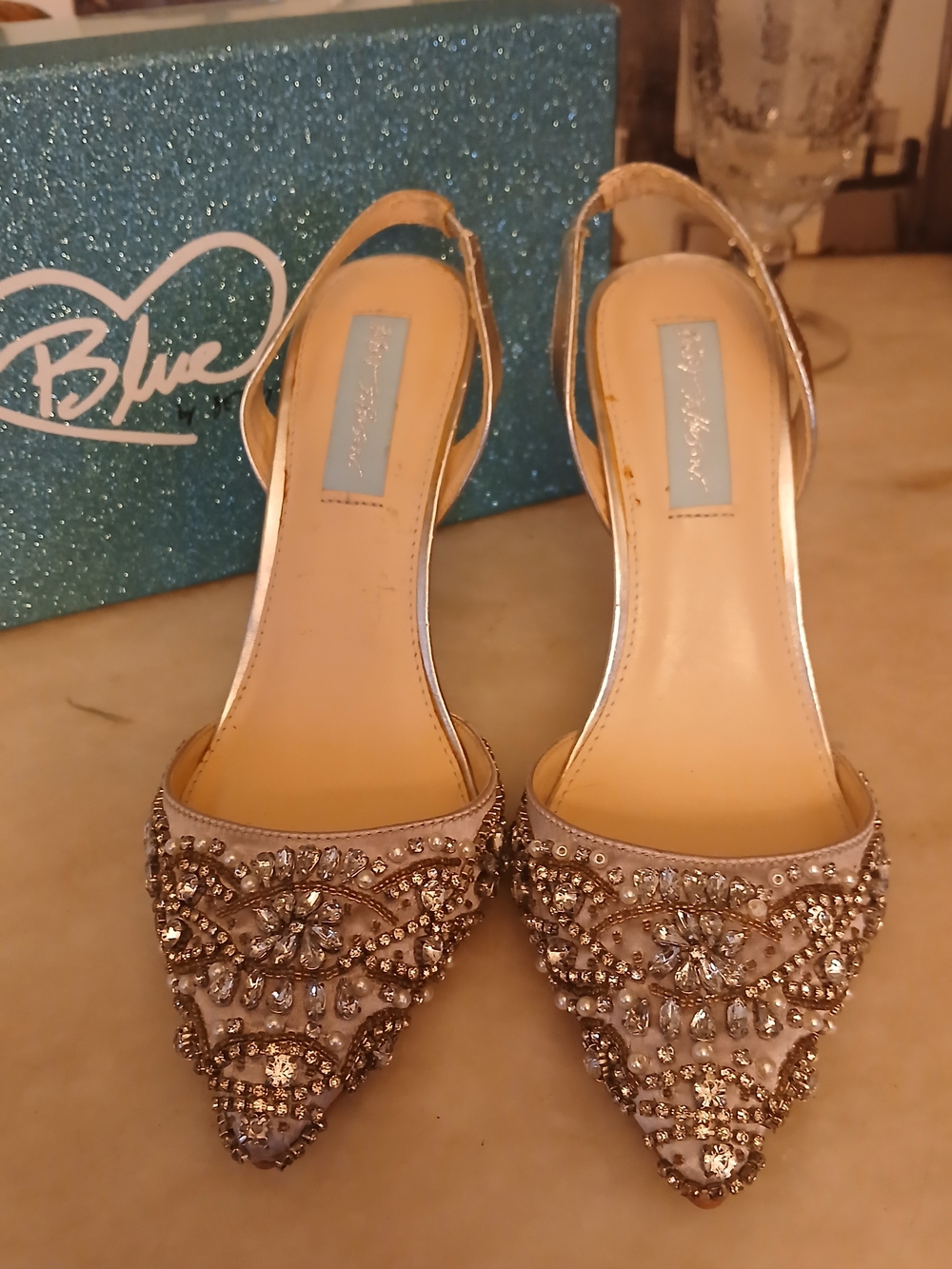 Betsey Johnson " Sonia" Embellished Pointed Toe Slingback Heels in Silver 7